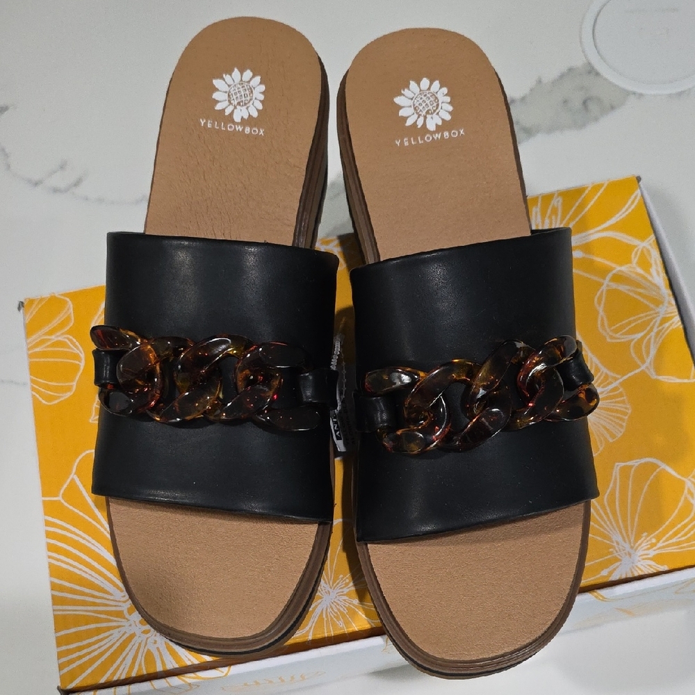 Yellow Box Black Sandals with Tortoise Chain